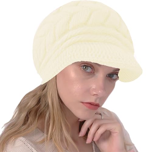 NLAND Wintermütze Gestrickte Baskenmütze Damen Winter Warme Strickmütze mit Visier Elegant Ballonmütze Barette mit Fleecefutter(Beige) von NLAND