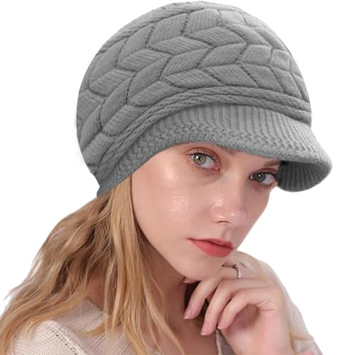 NLAND Wintermütze Gestrickte Baskenmütze Damen Winter Warme Strickmütze mit Visier Elegant Ballonmütze Barette mit Fleecefutter(Grau) von NLAND
