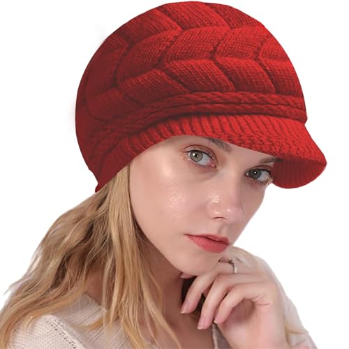 NLAND Wintermütze Gestrickte Baskenmütze Damen Winter Warme Strickmütze mit Visier Elegant Ballonmütze Barette mit Fleecefutter(Rot) von NLAND
