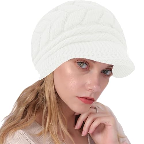 NLAND Wintermütze Gestrickte Baskenmütze Damen Winter Warme Strickmütze mit Visier Elegant Ballonmütze Barette mit Fleecefutter(Weiß) von NLAND