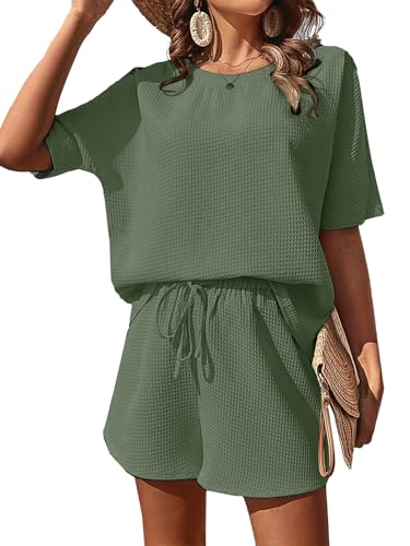 NLAND Zweiteiler Damen Outfit 2 Teiler Sommer Rundhals Kurzarm Einfarbig Top Lose T-Shirt Shorts Sporthose Sleepwear Hausanzug Sets Running Yoga,Grün L von NLAND