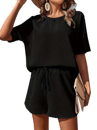 NLAND Zweiteiler Damen Outfit 2 Teiler Sommer Rundhals Kurzarm Einfarbig Top Lose T-Shirt Shorts Sporthose Sleepwear Hausanzug Sets Running Yoga,Schwarz M von NLAND