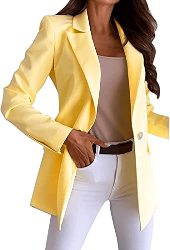 NLAVW Damen Longblazer Elegante vorne offene Business Sakko Sportliche Stretchjacke mit Taschen,Gelb,M von NLAVW