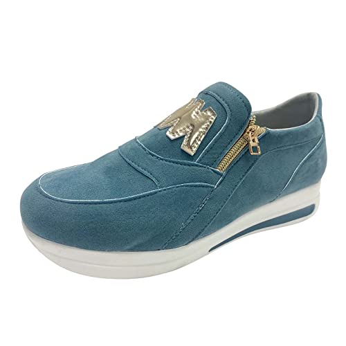 NLGToy Damen -Plateauschuhe einfarbig Flock seitlicher Reißverschluss Plattform Bequeme lässige Sportschuhe Damen Sneaker mit Cut Outs (Blue, 38) von NLGToy