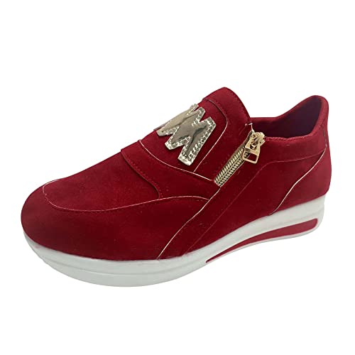 NLGToy Damen -Plateauschuhe einfarbig Flock seitlicher Reißverschluss Plattform Bequeme lässige Sportschuhe Damen Sneaker mit Cut Outs (Red, 38) von NLGToy