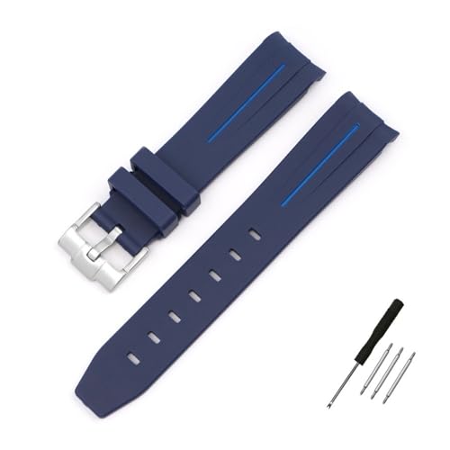 NLNKDTDPAK 20 mm gebogenes End-Schnittstellen-Gummi-Uhrenarmband, passend for Omega, passend for Moonswatch, gemeinsame Konstellation, Herren- und Damen-Sportuhrenarmband(Dark blue blue line) von NLNKDTDPAK