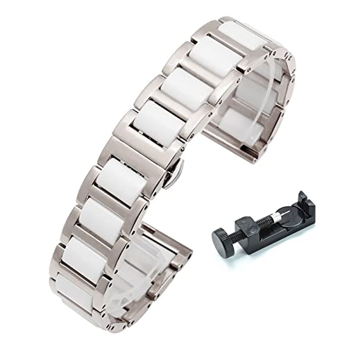 NLNKDTDPAK Edelstahl Keramik Uhrenarmband 20mm 22mm Schmetterlingsschnalle Ersatz Armband for Männer Frauen Uhren Zubehör(Silver white,22mm) von NLNKDTDPAK