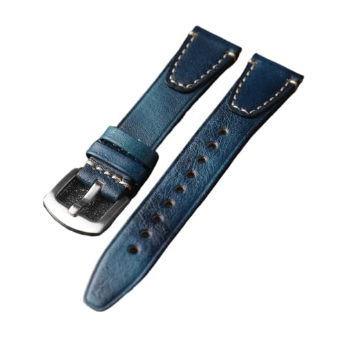 NLNKDTDPAK Handgefertigtes Kopflederarmband, 18 20 22 mm, geriebene Farbe, gealtertes echtes Leder-Herrenuhr-Übung, Schnellverschluss, braunes Bla(Blue Silver Buckle,20mm) von NLNKDTDPAK