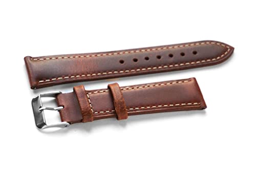 NLNKDTDPAK Handgemachtes Retro-Leder-Rotwein-Uhr-Bandband-Band 18mm 20mm 22mm-Armband-Armband-Band-Gürtel Silber polierte Schnalle(Red stitching,22mm) von NLNKDTDPAK