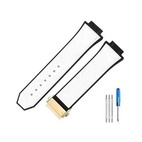NLNKDTDPAK Hochwertige Silikon-Uhrenarmbänder mit horizontalem Streifen-Design, passend for Hublot, passend for Uhrenzubehör der Yubo Big Bang-Serie, 27 x 17 mm(White-Golden-Z2) von NLNKDTDPAK