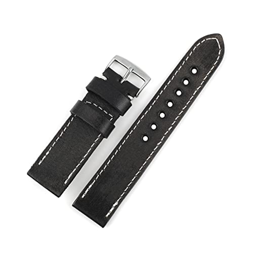 NLNKDTDPAK Lederarmband 22mm Schwarze Farbe Vintage Watch Strap Handgemachte Nähte for Männer Uhren Zubehör(Black-white wire) von NLNKDTDPAK