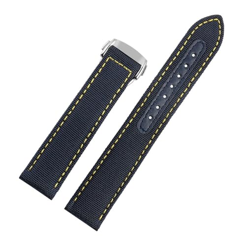 NLNKDTDPAK Nylon Canvas Lea/ther Bottom Uhrenarmband 19 20mm Blau Schwarz Weiß Gelbe Linien Herrenarmband Passend for Omega Passend for Seamaster AT150(Blue yellow-Silver,20mm) von NLNKDTDPAK
