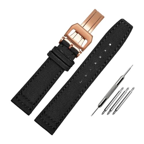 NLNKDTDPAK Nylon-Canvas mit Leder-Unterseite, Uhrenarmband, 20, 21, 22, Armeegrün, Blau, Schwarz, passend for IWC Mark-xx Pilot Portugieser(Black-Rose gold,20mm) von NLNKDTDPAK