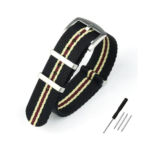 NLNKDTDPAK Nylon-Uhrenarmband, 20 mm, 22 mm, gestreift, Ersatz-Uhrenarmband, Militär-Armband-Zubehör, passend for T-udor Uhrenarmbänder(Black khaki red 1,20mm) von NLNKDTDPAK