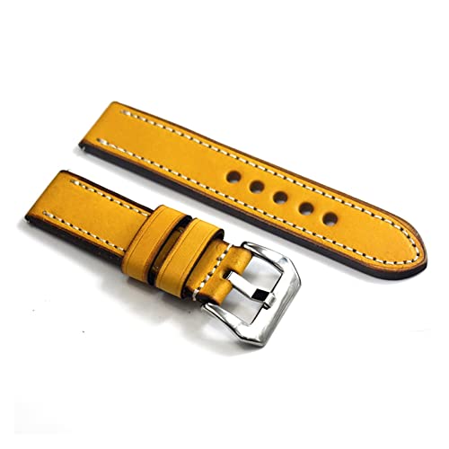 NLNKDTDPAK Strap Leder Vintage Hand Armband 20mm 22mm 24mm Vintage Dicke Strap Gurt polierte Schnalle(Yellow,24mm) von NLNKDTDPAK
