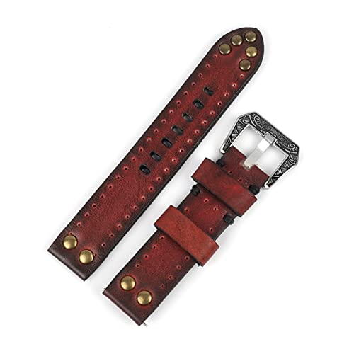 NLNKDTDPAK Vintage Leder Handgemachte Uhrenarmband 18mm 20mm 22mm 24mm Rivet Muckbänder Schnitzen Schnallenband for Uhren Accessorie(Red,20mm) von NLNKDTDPAK
