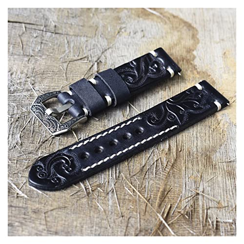 NLNKDTDPAK Vintage Uhrenarmband Geschnitzte geprägtes Uhrenarmband Handgemachte Uhrband 22mm geschnitzte Schnalle gravierte Verschluss for Uhr Zubehör(Black,18mm) von NLNKDTDPAK