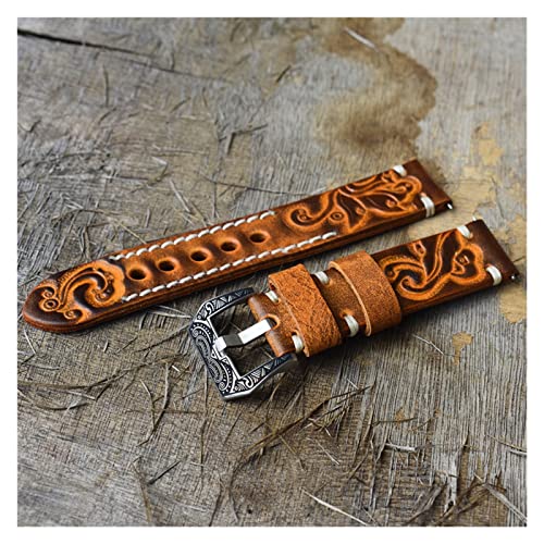NLNKDTDPAK Vintage Uhrenarmband Geschnitzte geprägtes Uhrenarmband Handgemachte Uhrband 22mm geschnitzte Schnalle gravierte Verschluss for Uhr Zubehör(Orange,20mm) von NLNKDTDPAK