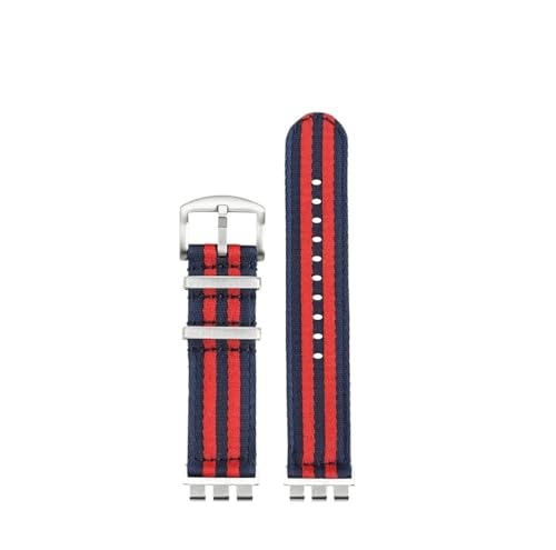 NLNKDTDPAK Weiches Nylon-Armband, passend for Swatch 21 m, atmungsaktives Uhrenarmband, Sport-Ersatz-Handgelenk-Armband, for Männer und Frauen, Metall-Adapter-Zubehör(A19 blue red Silver) von NLNKDTDPAK