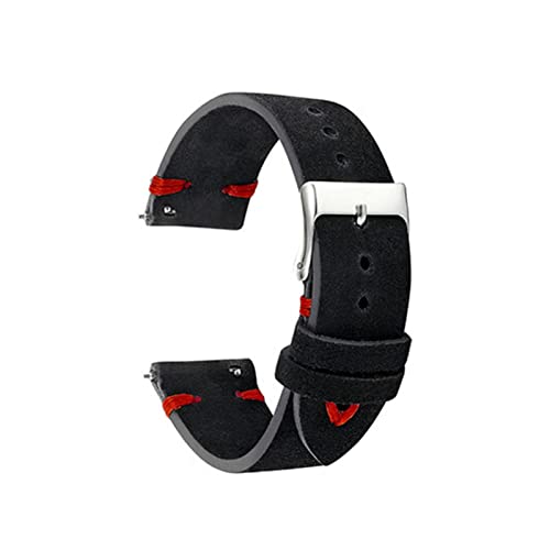 NLNKDTDPAK Wildleder Handgemachte Stichuhr Bandband Gürtel Silber poliert Pin Schnalle Leder Armband 18mm 20mm 22mm(Black with red,20mm) von NLNKDTDPAK