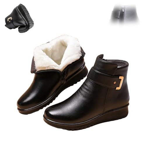 NLONGCH Orthopädische Stiefel für Damen, Metallschnalle, echtes Leder, Wolle, Winterstiefel, warme Schneestiefel, Damen-Stiefelette zum Reinschlüpfen mit Fell gefüttert, mit seitlichem Reißverschluss, von NLONGCH