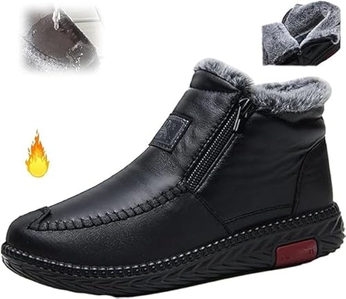 NLONGCH Wasserdichte rutschfeste Baumwoll-Lederstiefel, Winter-Fleece, verdickte Schneestiefel, warme Stiefeletten für Damen, Schlupfstiefel mit Reißverschluss, Schwarz , 37 EU von NLONGCH