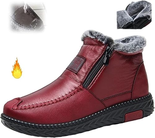 NLONGCH Wasserdichte rutschfeste Baumwoll-Lederstiefel, Winter-Fleece, verdickte Schneestiefel, warme Stiefeletten für Damen, Schlupfstiefel mit Reißverschluss, rot, 35 EU von NLONGCH