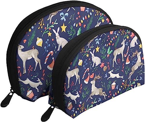 2 Stück Kosmetiktaschen, Aquarell-Hirschhase, Weihnachts-Reise-Make-up-Tasche, Muschel-Kulturbeutel, Damen-Handtasche von NLWQEKV