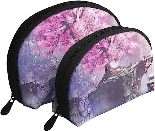 2 Stück Kosmetiktaschen, Blumen- und Kirschbaum-Landschaft, Reise-Make-up-Tasche, Muschel-Kulturbeutel, Damen-Handtasche von NLWQEKV