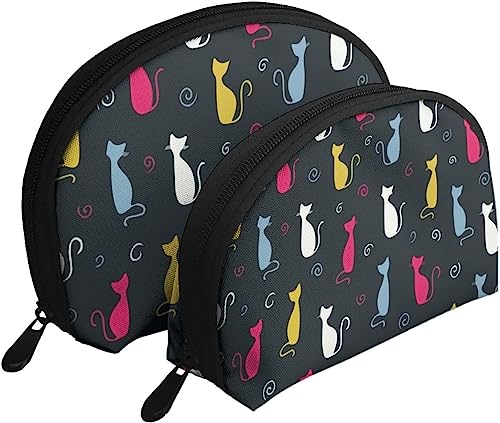 2 Stück Kosmetiktaschen, Bunte Katze, lustiger Liebhaber, Reise-Make-up-Tasche, Muschel-Kulturbeutel, Damen-Handtasche von NLWQEKV