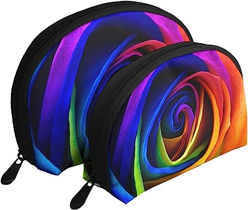 2 Stück Kosmetiktaschen, Bunte Regenbogen-Rosen-Blumen-Reise-Make-up-Tasche, Muschel-Kulturbeutel, Damen-Handtasche von NLWQEKV