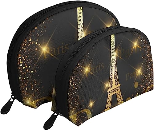 2 Stück Kosmetiktaschen, Eiffelturm, Gold, Feuerwerk, Paris, Reise-Make-up-Tasche, Muschel, Kulturbeutel, Damen-Handtasche von NLWQEKV