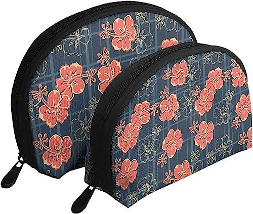 2 Stück Kosmetiktaschen, Hibiskusblüten, gestreift, Marineblau, kariert, Reise-Make-up-Tasche, Muschel-Kulturbeutel, Damen-Handtasche von NLWQEKV