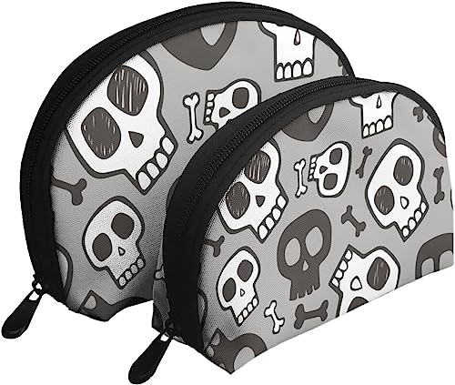 2 Stück Kosmetiktaschen, Hipster, Grauer Totenkopf, Halloween, Reise-Make-up-Tasche, Muschel, Kulturbeutel, Damen-Handtasche von NLWQEKV