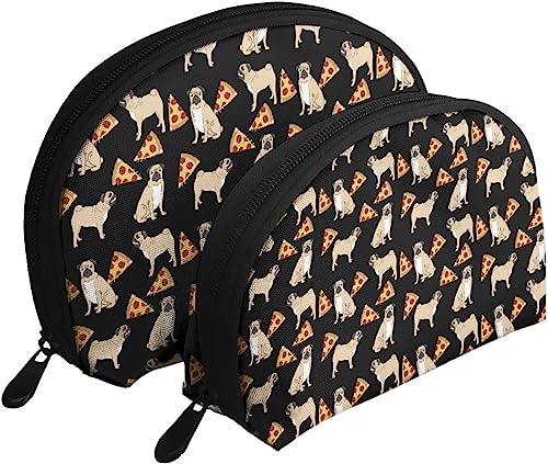 2 Stück Kosmetiktaschen, Motiv: Mops, Hunde, Pizza, Reise-Make-up-Tasche, Muschel-Kulturbeutel, Damen-Handtasche 2 Stück Kosmetiktaschen, Motiv: Mops, Hunde, Pizza, Reise-Make-up-Tasche, Muschel-Kulturbeutel, Damen-Handtasche von NLWQEKV
