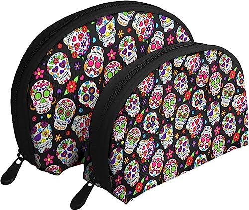 2 Stück Kosmetiktaschen, Motiv: Sugar Skulls Day of Dead, Reise-Make-up-Tasche, Muschel-Kulturbeutel, Damen-Handtasche von NLWQEKV