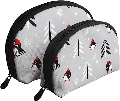 2 Stück Kosmetiktaschen, Motiv: Weihnachts-Pinguin, Weihnachtsbaum, Reise-Make-up-Tasche, Muschel-Kulturbeutel, Damen-Handtasche von NLWQEKV