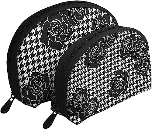 2 Stück Kosmetiktaschen, Rosen, schwarz, Hahnentrittmuster, kariert, Reise-Make-up-Tasche, Muschel, Kulturbeutel, Damen-Handtasche 2 Stück Kosmetiktaschen, Rosen, schwarz, Hahnentrittmuster, kariert, Reise-Make-up-Tasche, Muschel, Kulturbeutel, Damen-Handtasche von NLWQEKV