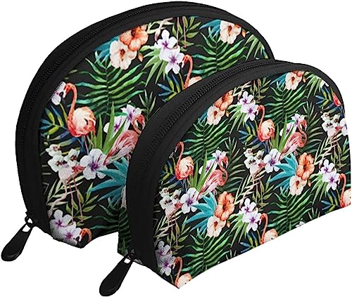 2 Stück Kosmetiktaschen, Tropische Flamingos, Plumeria-Blumen, Reise-Make-up-Tasche, Muschel-Kulturbeutel, Damen-Handtasche von NLWQEKV