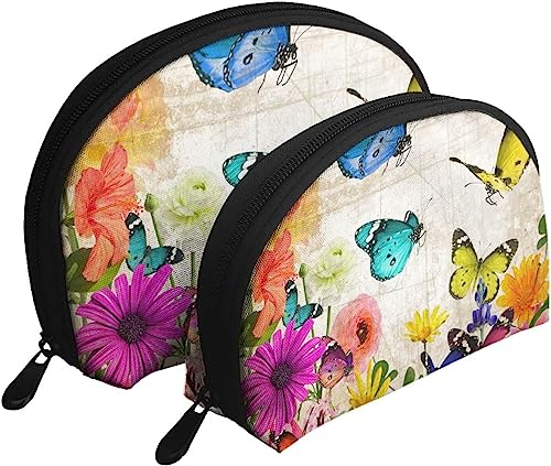 2 Stück Kosmetiktaschen, altes Papier, Blumen, Schmetterling, Reise-Make-up-Tasche, Muschel-Kulturbeutel, Damen-Handtasche von NLWQEKV