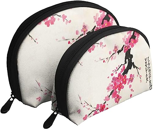 2 Stück Kosmetiktaschen, blühender orientalischer Kirschzweig, Reise-Make-up-Tasche, Muschel-Kulturbeutel, Damen-Handtasche von NLWQEKV