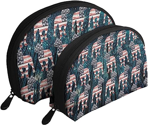 2 Stück Kosmetiktaschen, patriotischer Pitbull, amerikanische Flagge, Galaxie, Reise-Make-up-Tasche, Muschel-Kulturbeutel, Damen-Handtasche von NLWQEKV