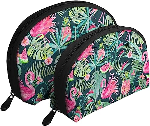 2 Stück Kosmetiktaschen, tropischer Sommer, Flamingo, Blumenmuster, Reise-Make-up-Tasche, Muschel-Kulturbeutel, Damen-Handtasche von NLWQEKV