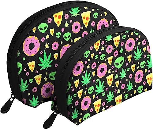 2 Stück Kosmetiktaschen Alien Donut Leaf Weed Pizza Reise-Make-up-Tasche Shell Kulturbeutel Damen Handtasche von NLWQEKV