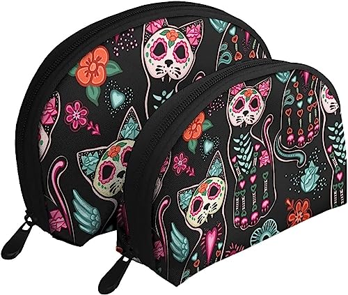 2 Stück Kosmetiktaschen Day of The Dead Cat Halloween Reise-Make-up-Tasche Shell Kulturbeutel Damen Handtasche von NLWQEKV