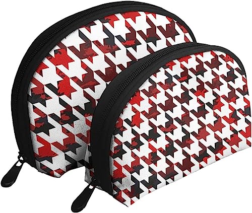 2 Stück Kosmetiktaschen Hahnentritt-Tarnung rot kariert Reise-Make-up-Tasche Shell Kulturbeutel Damen Handtasche von NLWQEKV