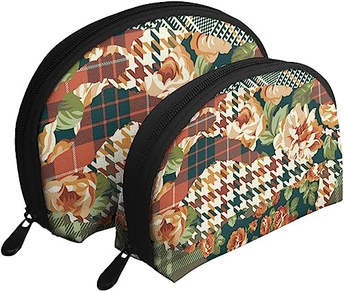 2 Stück Kosmetiktaschen mit Hahnentrittmuster, Tartan-Rosen, kariert, Reise-Make-up-Tasche, Muschel-Kulturbeutel, Damen-Handtasche 2 Stück Kosmetiktaschen mit Hahnentrittmuster, Tartan-Rosen, kariert, Reise-Make-up-Tasche, Muschel-Kulturbeutel, Damen-Handtasche von NLWQEKV