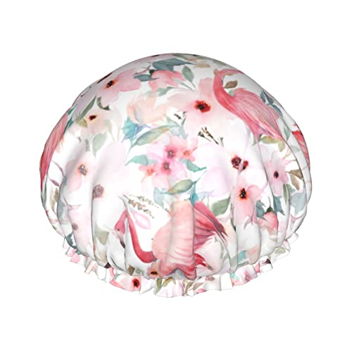 Aquarell-Blumen- und Flamingo-Duschhaube für Damen, wiederverwendbar, doppellagig, wasserdicht, Badekappe, wasserdichte Haarhaube für Damen und Mädchen, langes kurzes Haar von NLWQEKV