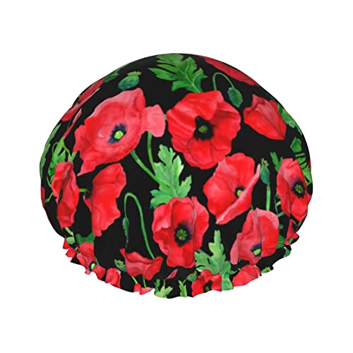 Aquarell handgezeichnete Mohnblumen-Duschhaube für Damen, verstellbar, doppellagig, wasserdicht, Bade-Duschhut, Haarschutz, wiederverwendbar, Damen-Spa-Salon-Duschhut von NLWQEKV