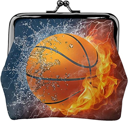 Basketball in Wasser und Feuer Damen-Geldbörse aus Leder, kleine Kleingeldtasche mit Kiss-Lock-Verschluss und Schnallen-Geldbörse als Geschenk für Mädchen von NLWQEKV